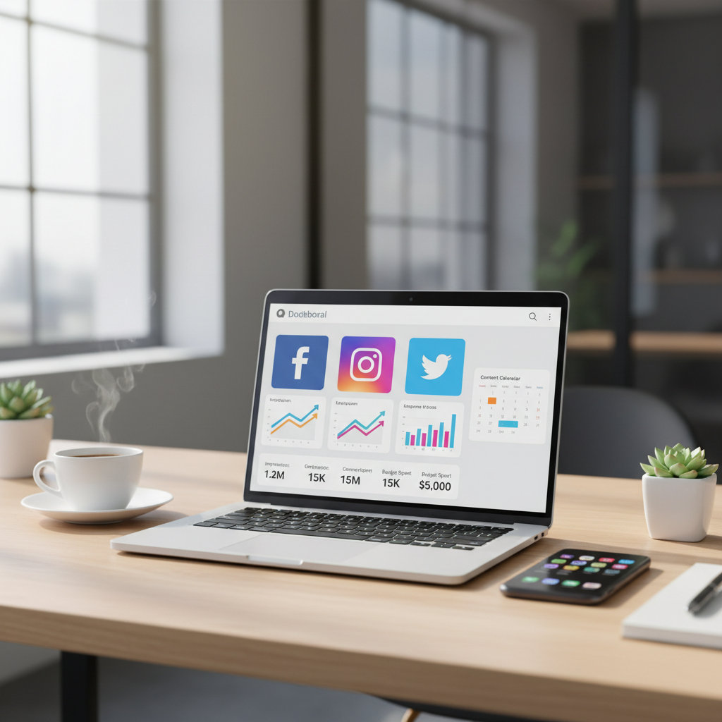 Professional digital marketing workspace with social media dashboard, analytics, and ad campaigns